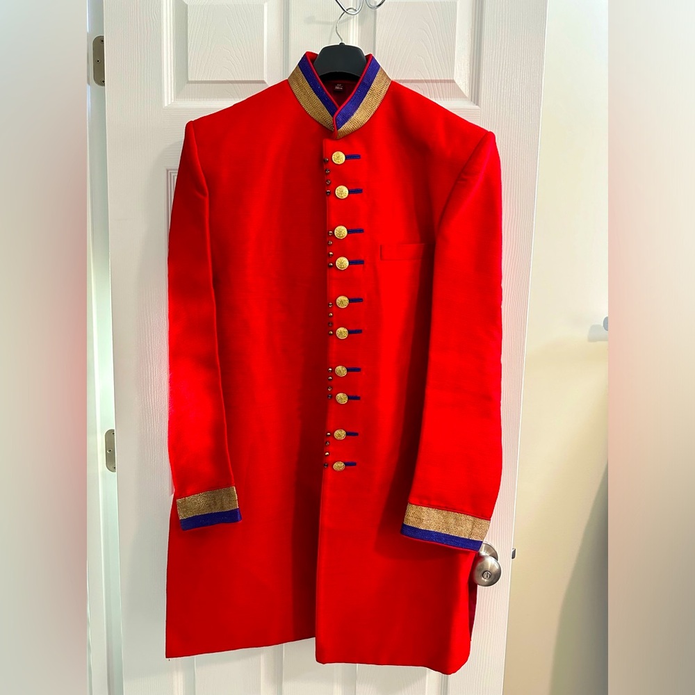 Red and blue silk indo western, Patiala bottom